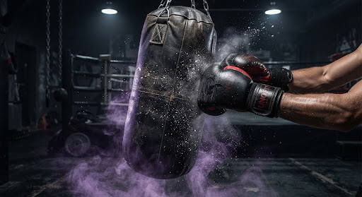 Guantes golpeando un saco de boxeo